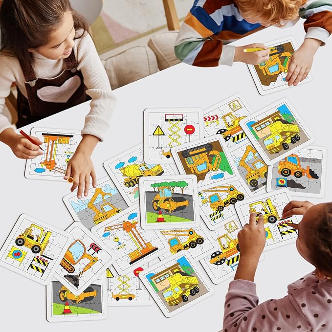 Cinrobiye 24 Pcs Construction Coloring Jigsaw Craft Kit for Kids, DIY Engineering Vehicle Activity Set Bulk with 12 Designs, Excavator Birthday Party Favors, Classroom Art Projects