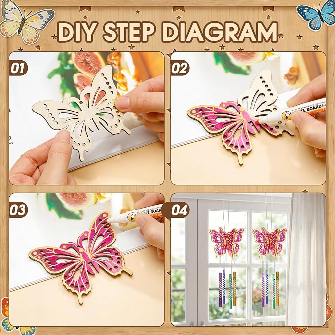 Leinuosen 30 Pcs Wind Chime Kit Make Your Own Butterfly Windchimes for Kids | Butterfly Crafts Decorative DIY Coloring Wooden Crafts for Spring Summer Party Art Activities Garden Home Patio Decorations