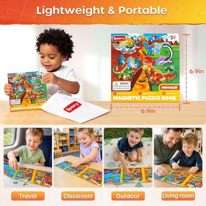 SYNARRY Magnetic Dinosaur Puzzles for Toddlers 3-5, Travel Toys for Kids | with Storage Bag Car Airplane Road Trip Activities Easy to Store Screen-Free Calm-Down Tool Tough Safe Materials Kids Gifts