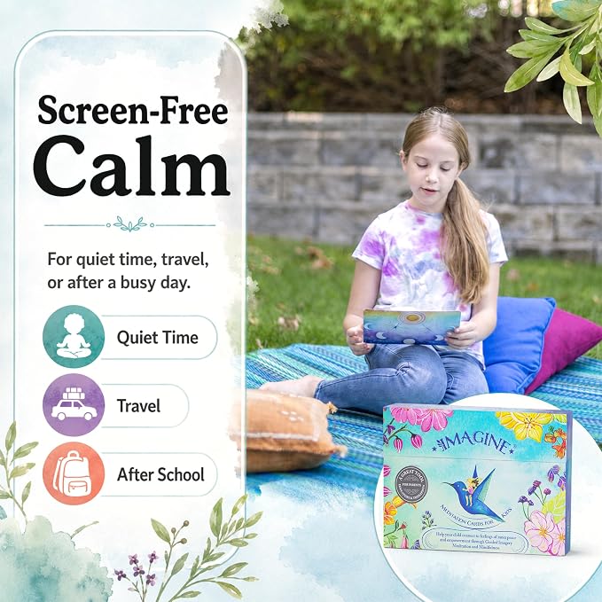 Imagine Meditation Cards for Kids - Award-Winning Mindfulness kit of XL Cards with Calming Guided Meditations for Empowerment, Focus and Relaxation. Great for Parents, Teachers and Therapists.
