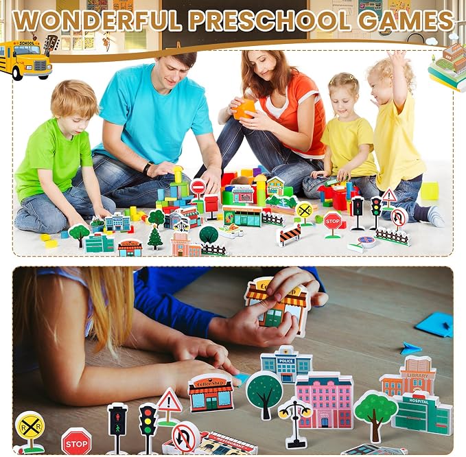 Kathfly 36 Pcs Wooden Community Helpers Buildings, Career Figures Toy | Multicultural Career Blocks for Social Emotional Learning, Creative Play Figures, Preschool Classroom Teaching Wooden Set