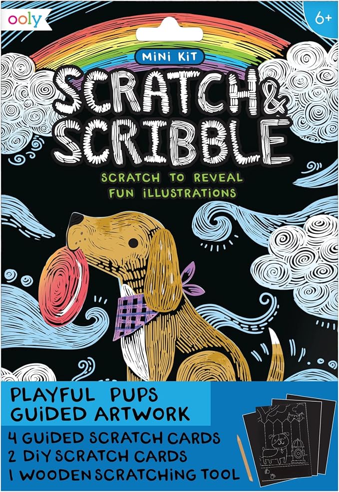 Ooly Mini Scratch & Scribble Art Kit, 6 Cards – Playful Pups | Ages 6+, Wooden Stylus Included, Compact Car and Airplane Travel Activity, Screen-Free Craft, Fun Gift for Kids