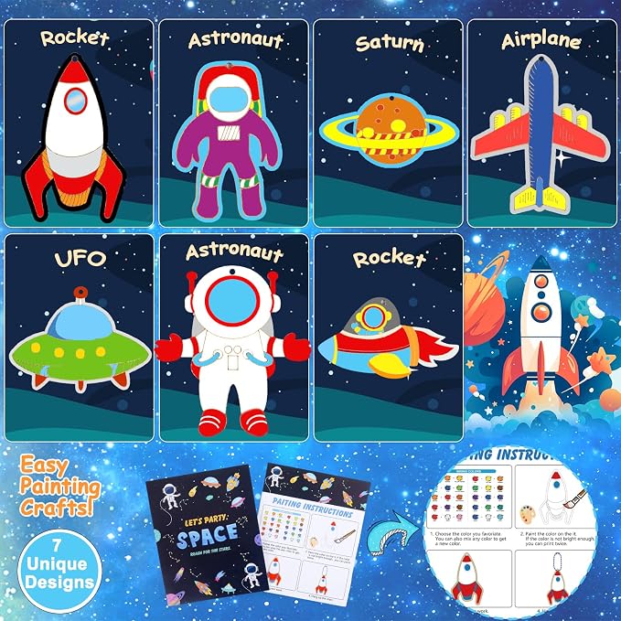 24 Pack Space Themed Party Favors - Kids Birthday Party Return Gifts Treats Goodie Bag Items Fillers Classroom Prizes Exchange Gifts, Wood DIY Keychain Painting Kits Arts Crafts Activities Toys