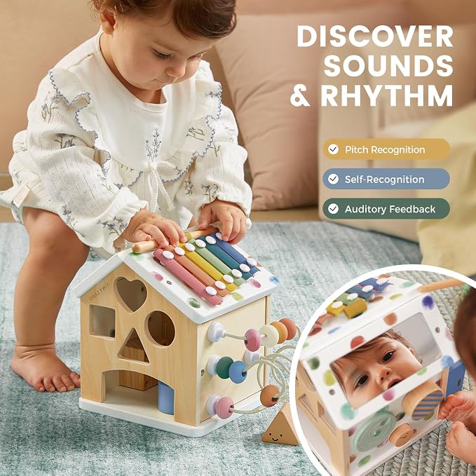 Tiny Land 9-in-1 Wooden Activity Cube, Educational Toy for Toddlers | Montessori Baby Activity Center for 1+ Year Old, Ideal Gift for Boys and Girls (Morandi)
