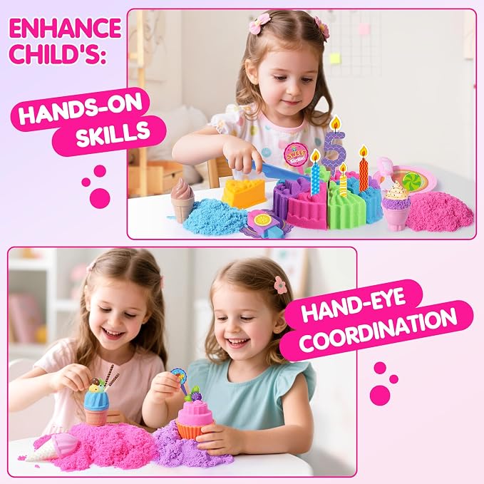 Billeeit. Cake & Ice Cream Sensory Bin Sand Toy, Fun Gift for Kids Girls 3+ | Sand Kit Sensory Toys w/lid and 4 Color Moldable Sensory Play Sand 2.2lbs, Molds, Tools Set 43pcs Total for Toddlers
