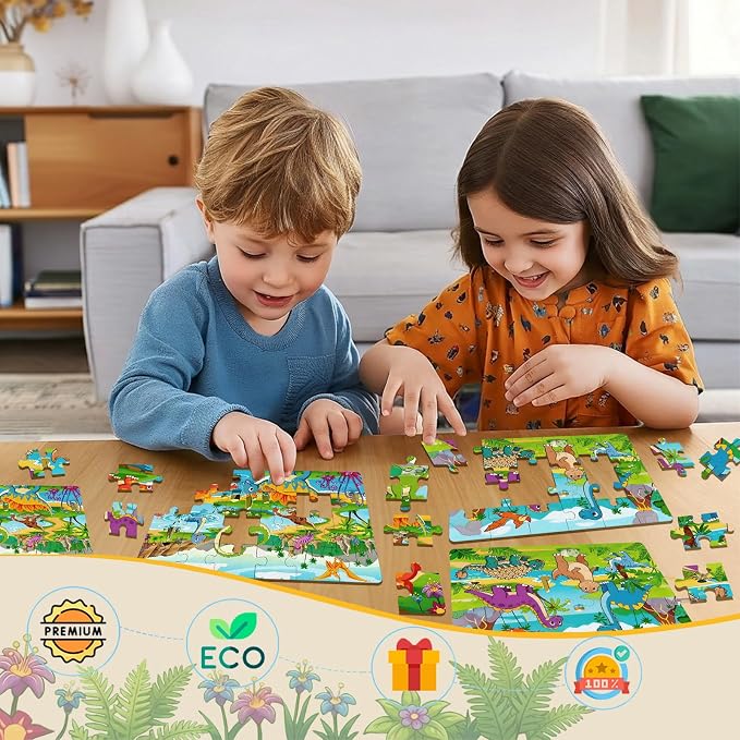 Wooden Puzzles Dinosaur Toys for Kids Ages 4-6, 4 Packs 24 Piece | Wooden Jigsaw Puzzles, Preschool Educational Learning Toys Gifts for 3 4 5 6 Year Old Boys and Girls