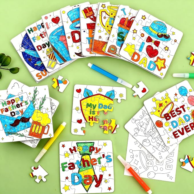 24 Set Fathers Day Crafts for Kids Classroom Bulk, Father's Day Arts DIY Jigsaw Puzzle with Shirt Hat Crown, Summer Camp Best Dad Activity Painting Kit for School Gifts Coloring Games Party Favors