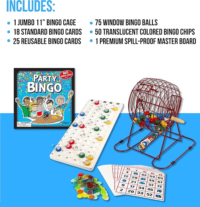 Regal Bingo Red Professional Bingo Game Set with 11" Wheel Cage, 75 Bingo Balls, Master Board, 18 Bingo Cards & 25 Jumbo Reusable Cards, and Colorful Chips - Bingo Games for Adults Large Group