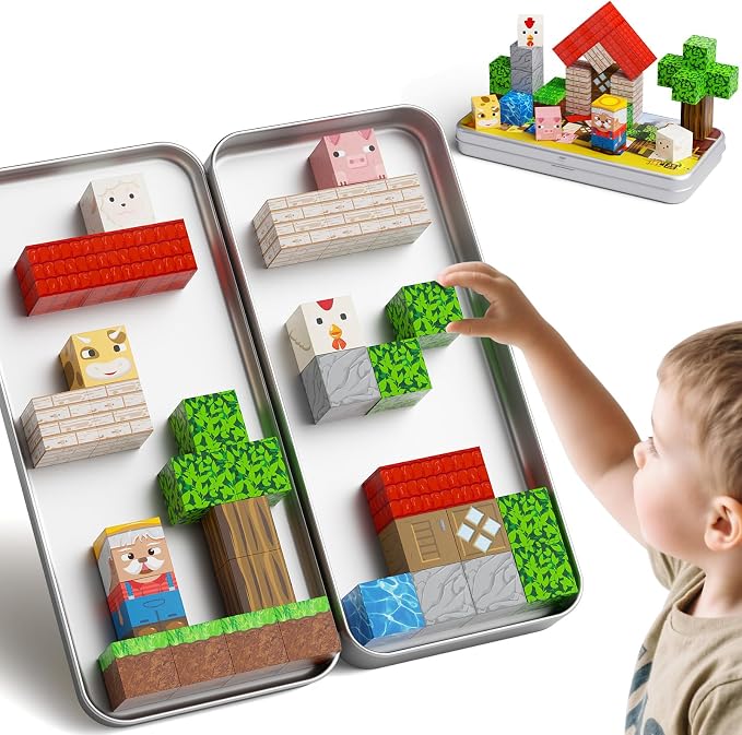 Mini Magnetic Travel Building Blocks: 35 PCS Farm Animals STEM Toys | Metal Storage Box as Play Base - Portable Magnets Cubes Road Trip & Airplane Activities Essentials for Kids Toddlers Ages 3-8