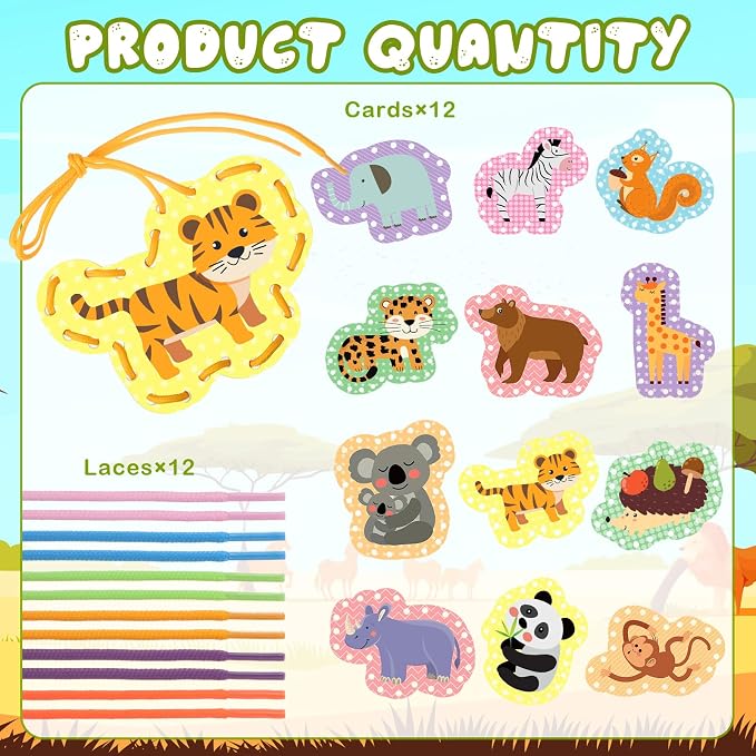 Chivao Lacing Cards for Toddlers Kids, 12 Pcs Sewing Kit Preschool Learning Activities for Kids Travel Craft Set Manipulatives for Preschoolers Homeschool Developing Imagination Skills
