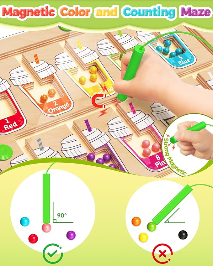 Magnetic Color and Number Maze, Montessori Toys for 2 3 4 Year Old - Cups | Birthday Gifts for Girls Boys, Wooden Color Matching Puzzle Board, Preschool Learning Activities Travel Toys for Ages 2-4
