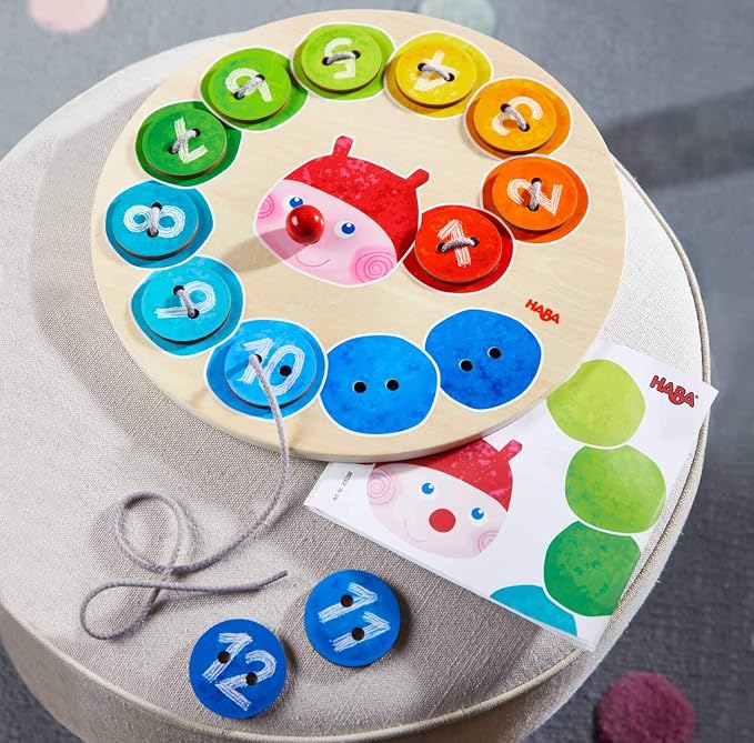 HABA Caterpillar Rainbow Preschool Learning Activity with Colors & Numbers, Threading Game & Fine Motor Skills Toy for Kids, Lacing Cards for Kids Ages 3+