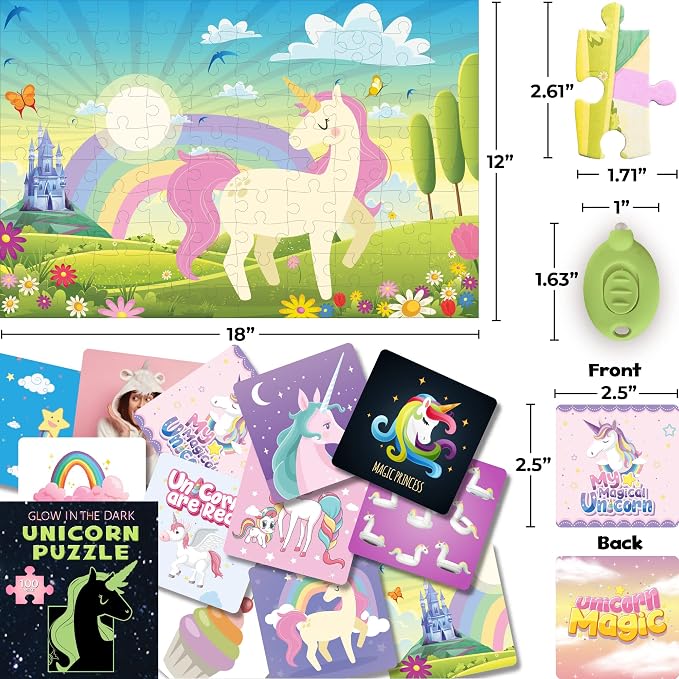 Hapinest 100 Piece Unicorn Puzzle Glow-in-The-Dark Puzzle for Kids Girls & Boys, Birthday Gift w/Bonus Memory Matching Cards & LED Flashlight, Jigsaw Puzzles for Kids Ages 5 6-8 10-12 Years Old and Up
