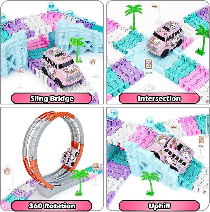 Coroiesty 215 PCS Unicorn Race Tracks for Kids Toys with 360° Loop Ramp | Glow in The Dark Magic Toy Set, 1 Unicorn Car Track, Flexible DIY Track Set, Birthday Gift for 3-9 Year Old Boys Girls