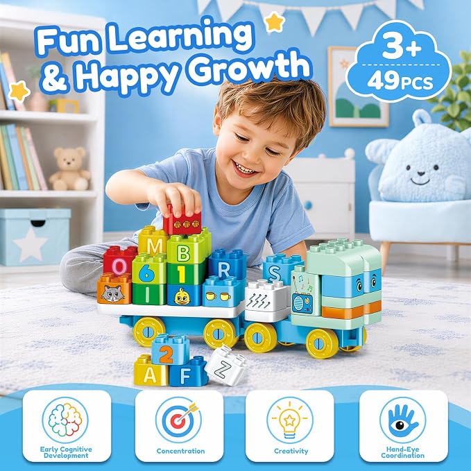 MOONTOY 49PCS Large Building Blocks for Toddlers 3-5, Alphabet Blocks Truck | Learn ABC & Numbers, Counting, Animal Matching, Educational Toys with Storage Bag, Preschool Birthday Gift for Kids 3+ Years