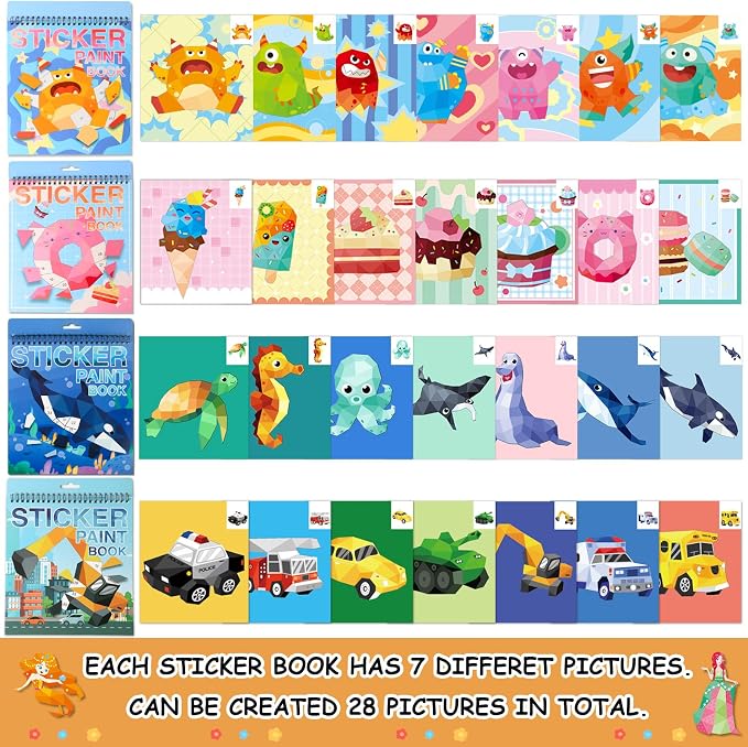 4 PCS Sticker by Number Sticker Paint Books for Kids Boys Girls Ages 4-8 Ocean Vehicles Desserts Monster Stickers Party Favors Road Plane Travel Activity Book Toy Gifts