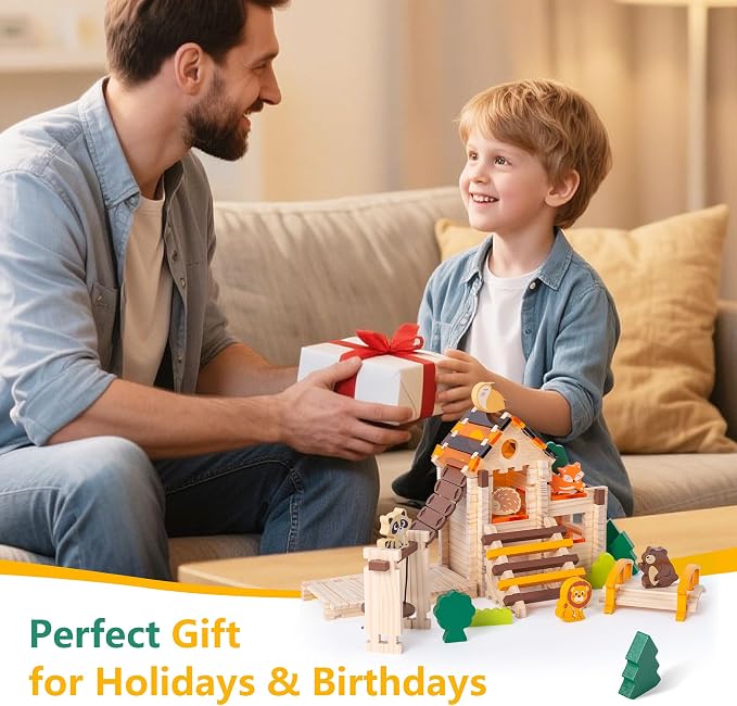 Wooden Building Blocks Set 168 Pieces Joinery Toys for Kids 3 Montessori STEM Educational Toy with Mortise and Tenon Structure Fine Motor Skills Development Gift for Boys Girls