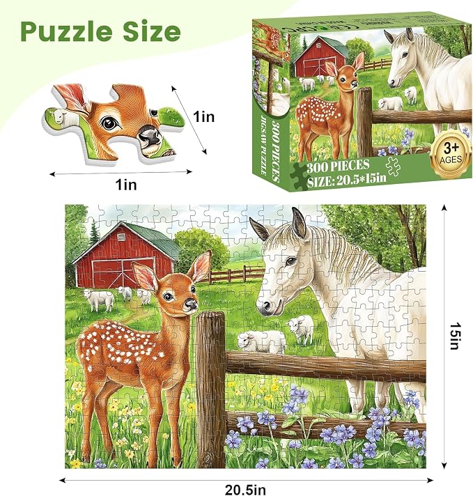 300 Pieces Puzzle for Adults Deer Jigsaw Puzzle Farm Horse Puzzles for Kids | Animal Pet Lover Challenging Puzzles for Kids Ages 8-10 Friends Family Activity Game Nights Gifts 20.5x15IN