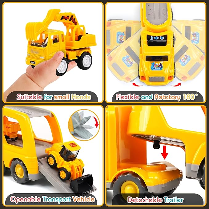 Veslier 9 in 1 Construction Truck Toys with Sounds and Lights in Carrier Truck, Push and Go Vehicles, Birthday Gift for Toddler Boys and Girls Ages 3 4 5 6 Years Old