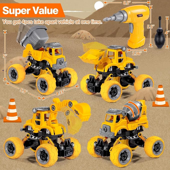 LUDILO Take Apart Construction Toys for 4 Year Old Boys Gifts Toys Age 4-6 | 4PCS Excavator Toy with Electric Drill/Kids Toy Boys 3-5/Building Learning Stem Toys for 3 4 5 6 7 Year Old Boy Birthday Gift