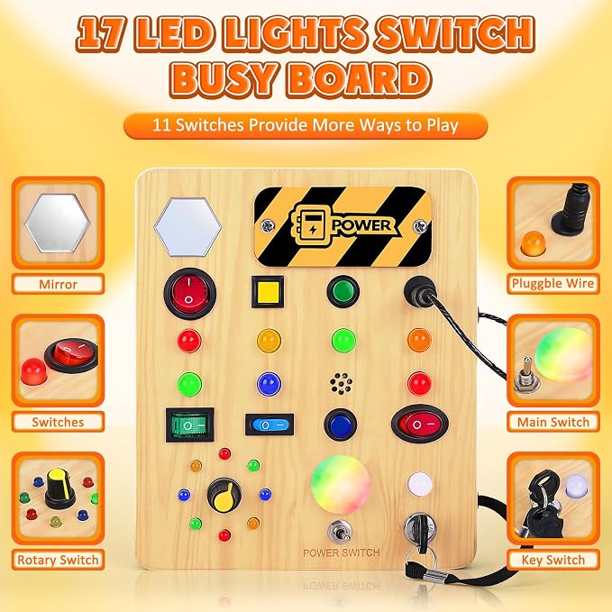 TINTECUSA Busy Board with LED Light, Wooden Sensory Toys for Toddler, Montessori Music Toy for Airplane, Travel Activity Educational Learning Autism Toys, Birthday Boys Girls Gifts