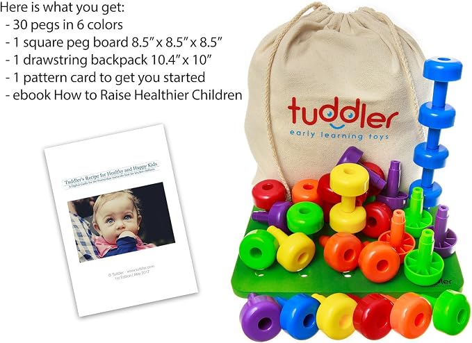 Toddler Peg Board Sensory Montessori Fine Motor Skills Educational Toys - 30 Stackable Pegs + Pattern Card + Drawstring Backpack + E-Book