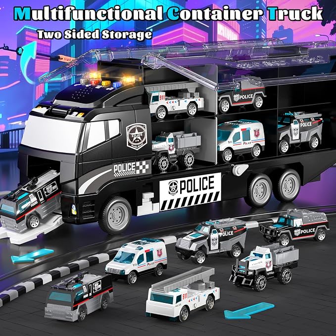 Toddler Boy Police Car Toy Set with Light & Sound,Die-Cast Toy Car,Play Mat | Police Car Toy Trucks for Boys Age 4-7,Birthday & Christmas Gift for Boys & Girl,Friction Powered Truck Toy for Kids Ages 4-8