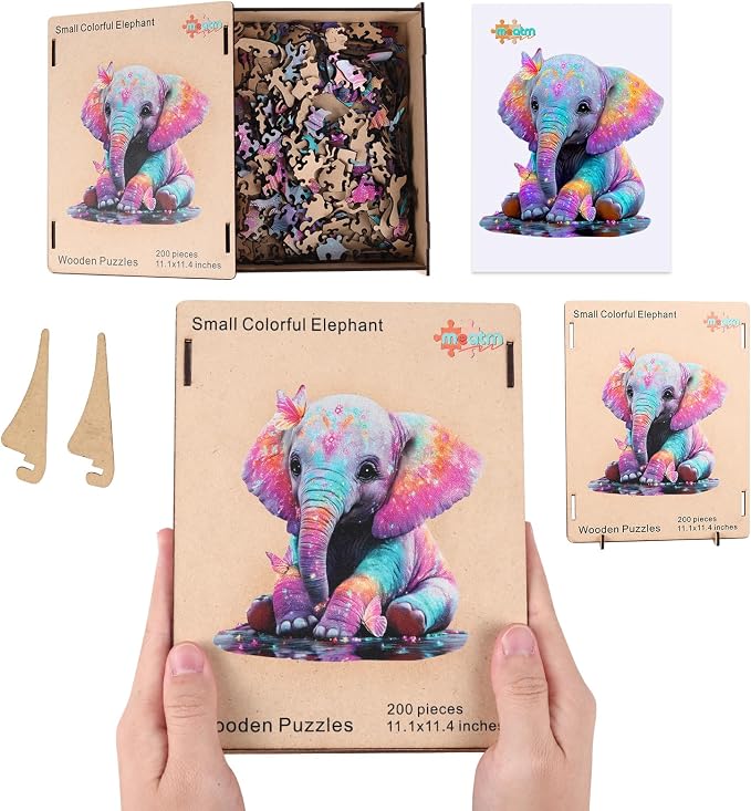 MEATRN Wooden Jigsaw Puzzles, Animal Puzzles for Adults & Kids, 491 Pcs | Colorful Baby Elephant with Butterflies, Educational Brain Teaser Gift and Home Art Decor, 16.3x16.7 in