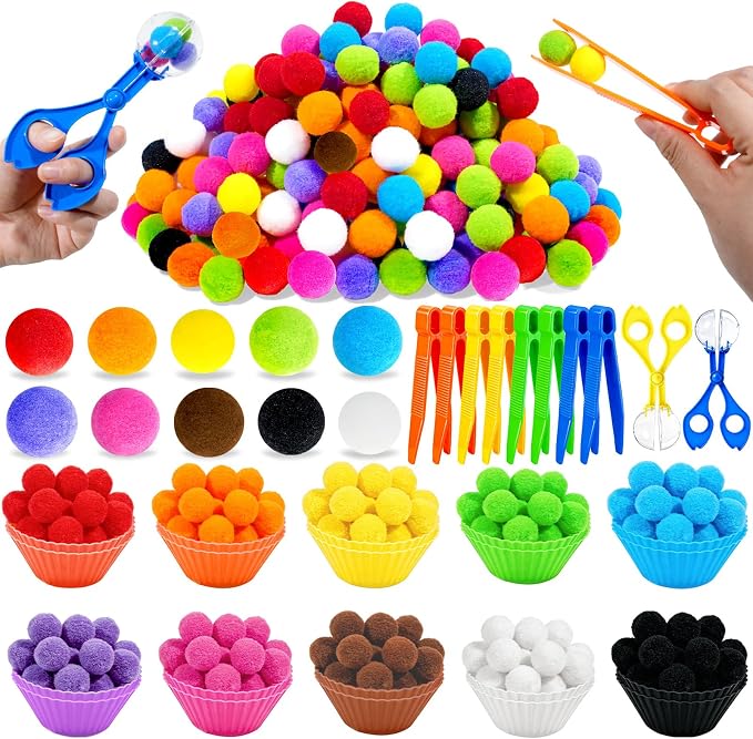 Bbiamsleep 180 Pcs Sensory Bin Fillers, Sensory Bin Pompoms | Sensory Bin Items Includes Pom Poms Sorting Bowls Tweezers Scissors Clips for Counting Sorting