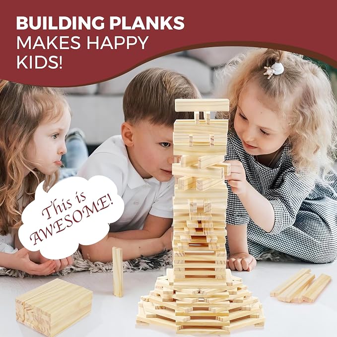 OWT Wooden Building Planks for Kids | 100 Piece STEM Construction Blocks Set for Creative Play | Educational Wood Building Toys for Boys and Girls Ages 3+ | Architecture, Engineering & Learning Fun