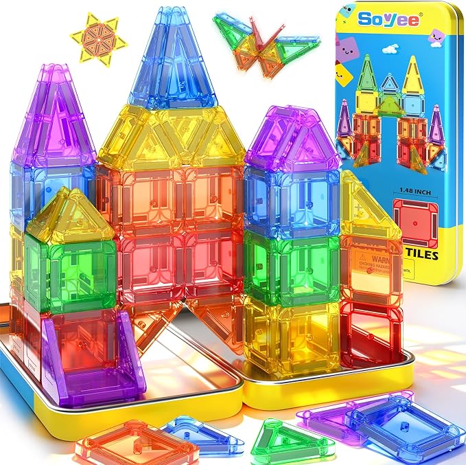 Mini Magnetic Tiles Travel Set STEM Educational Toys for Boys & Girls 3-8 | Outdoor Building Toys Preschool Classroom Must Have Portable Games with Iron Box for Car Airplane Kids Aged 3+ Birthday Gifts