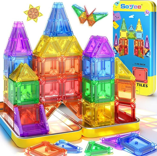 Mini Magnetic Tiles Travel Set STEM Educational Toys for Boys & Girls 3-8 | Outdoor Building Toys Preschool Classroom Must Have Portable Games with Iron Box for Car Airplane Kids Aged 3+ Birthday Gifts