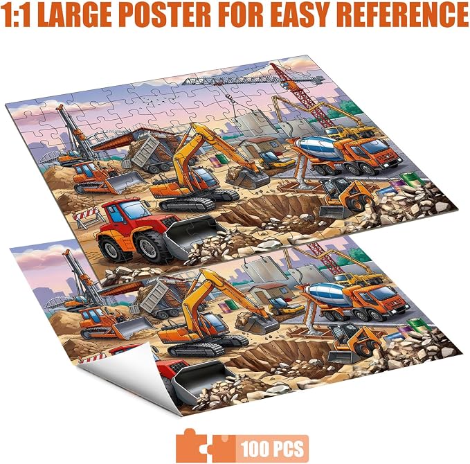 100 Piece Puzzles for Kids Ages 4-6 6-8 8-10, 100 Piece Construction Site Learning Educational Jigsaw Puzzles, Vehicle Kids Puzzles Ages 5-8 Gifts for Girls Boys - Every Piece is Unique