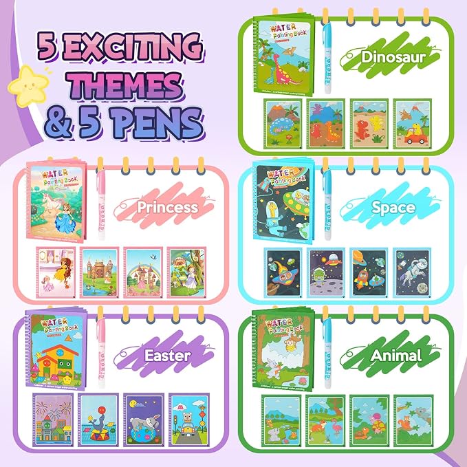 CMTOOP 5 Pack Water Coloring Books for Toddlers 1-3 - Mess Free Painting for Kids & Reusable Magic Water Activity Book - Aqua Art Travel Toys & Educational Arts and Crafts Gifts for Boys Girls Age 2-4