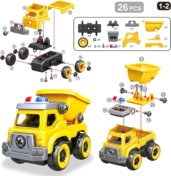 4-in-1 Take Apart Car Toys for Boys, DIY Engineering Construction Trucks | Toy Vehicle - Dump Truck, Cement Mixer, Excavator, Crane, Kids Building Educational Toy Gift for Age 3 4 5 6 7 8 Year Old Boy
