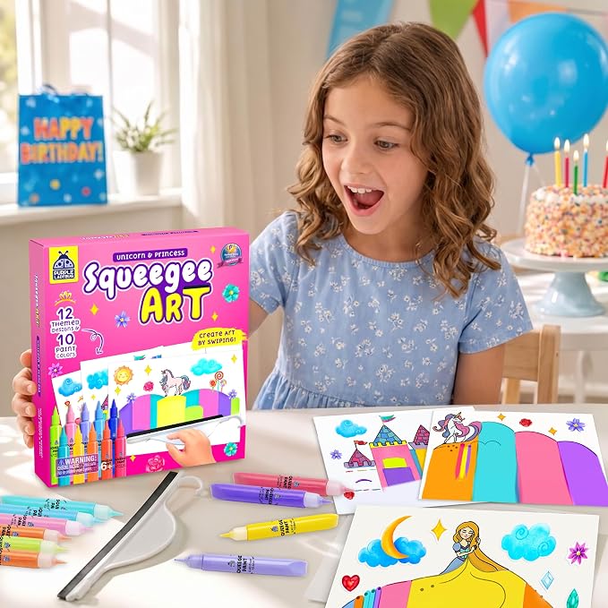 Squeegee Rainbow Squeeze Art Kit for Kids - Princess & Unicorn Design | Kids Stickers Included, Mess Free Paints, Girls Birthday Gifts Age 6-7 8 10, Develops Fine Motor Skills, STEAM Activity