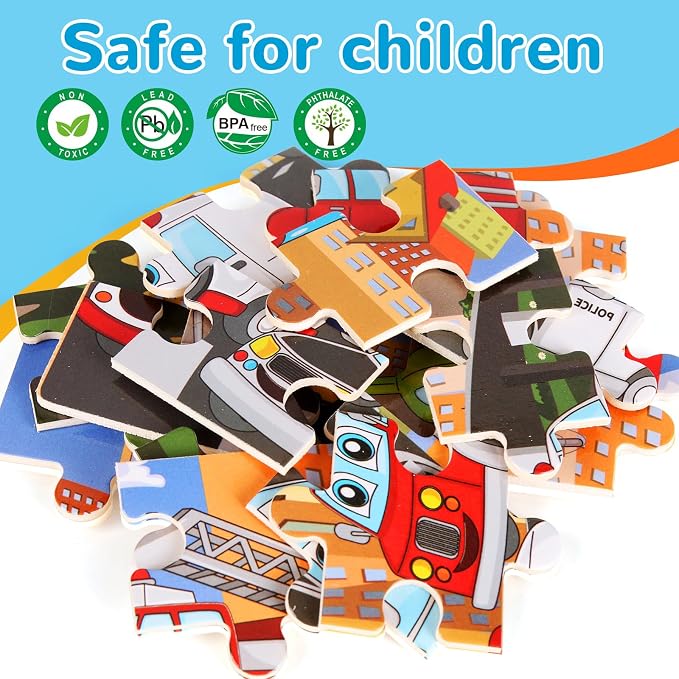 Wooden Puzzles Toys for Kids Ages 3-5, Set of 4 Packs Dinosaur, Space, Transportation Wood Puzzles, Preschool Brain Teaser Toys for Boys and Girls 3 4 5 6 Years Old