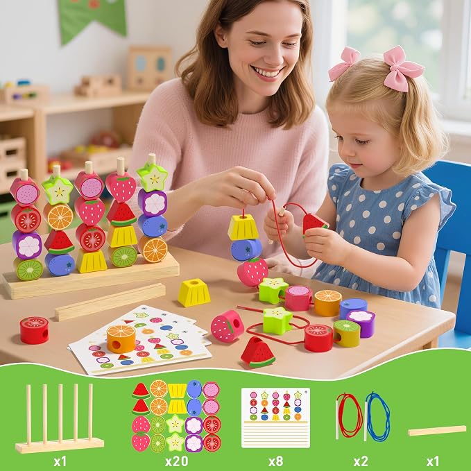 Melofaver Montessori Wooden Beads Stacking Toys, Shape Sorter for Ages 3-5 | Wooden Fruit Toddler Toys, Stacking Blocks & Lacing Beads & Shape Sorter, Preschool Learning Toys Gifts for Kids Boys Girls