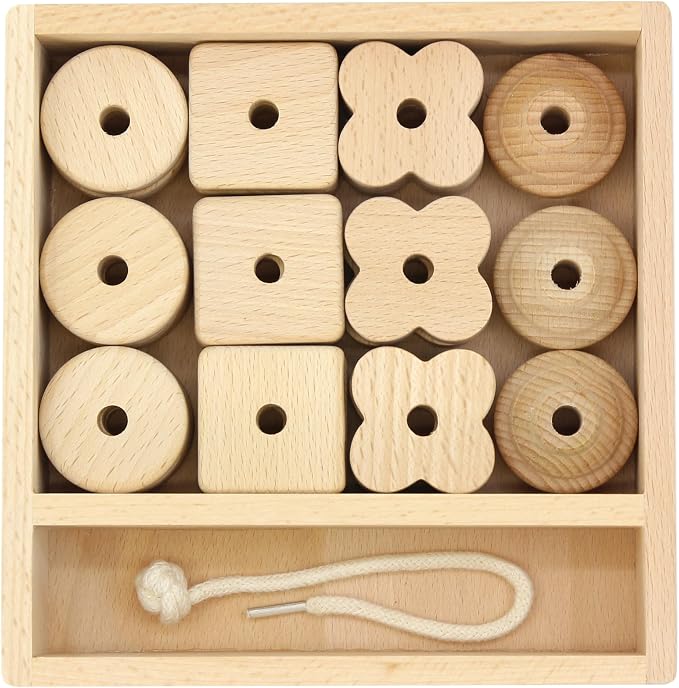 Kiddison Large Wooden Lacing Beads for Toddlers 2-4, Montessori Threading & Stringing Toy with Wooden Tray, Fine Motor Skills Activity, Occupational Therapy Toy, 27 Beads & 1 Lace