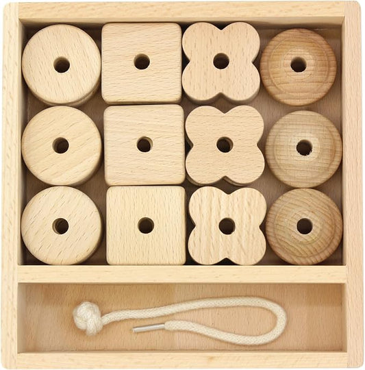 Kiddison Large Wooden Lacing Beads for Toddlers 2-4, Montessori Threading & Stringing Toy with Wooden Tray, Fine Motor Skills Activity, Occupational Therapy Toy, 27 Beads & 1 Lace
