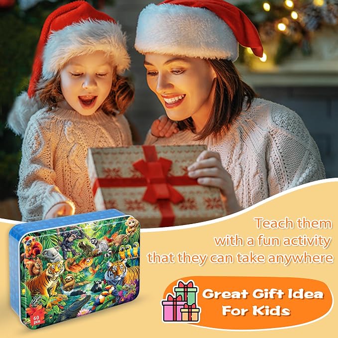 LELEMON Puzzles for Kids Ages 4-6, 60 Piece Puzzles for Kids in Metal Box | Jungle Puzzle Educational Kids Puzzles,Jigsaw Puzzles for Kids Ages 3-5,Childrens Puzzle Games Puzzle Toys for Girls and Boys