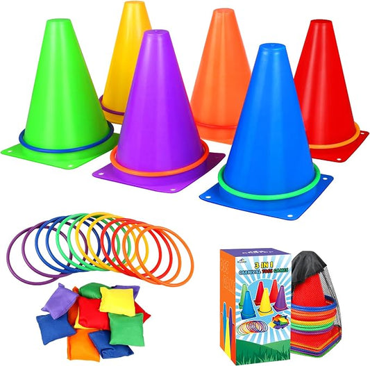 31 PCS Christmas Carnival Games, 3 in 1 Indoor Outdoor Bean Bag Ring Toss Games for Kids Birthday Party, Plastic Soft Cones Yard Lawn Game for Family Party Kid's Gift