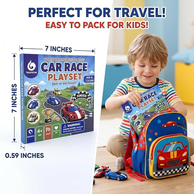 TRAVOFUN Magnetic Car Race Game | Travel Games for Kids Ages 4-8 | 2-player racing game with a foldable magnetic board keeps pieces secure for car rides, flights, and screen-free play.