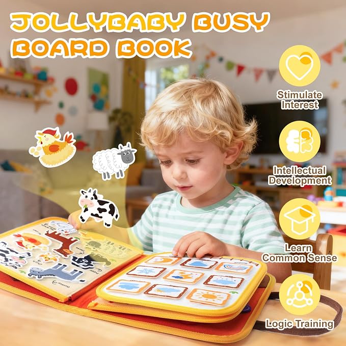 Jollybaby 8 Page Baby Soft Busy Books Sorting & Stacking Toys, Travel Toy & Montessori Sensory Educational, Preschool Learning Activities Toy for 1 2 3 Year Old Toddlers Boy Girl (Happy Farm