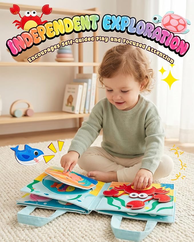 Montessori Busy Book for Toddlers, 8-Page Sensory Activity Book for Fine Motor Skills & Basic Dress Learning, Portable Travel Toy for Preschool Kids, Birthday Gift for Boys and Girls (Sea animals)