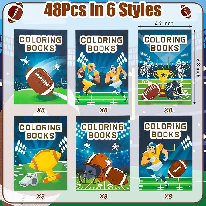 Dvbonike 48Pcs Football Coloring Books Sport Themed DIY Color-in Pages | Football Helmet Glove Trophy, Drawing Booklet Bulk, Party Favors, Gifts, Classroom Reward, School Supplies, Art Activity