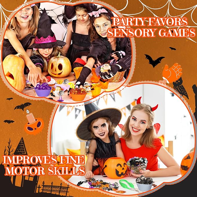Jenaai 154 Pcs Halloween Sensory Bin Fillers Fine Motor Toys Sorting Games | Halloween Sensory Bin Counting Items, 2 Kids Tweezers 140 Spider Bat Skull Vase Fillers, 10 Sorting Cups 2 Scissor Clips