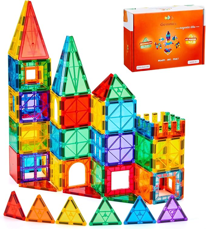 Gemmicc Magnetic Tiles Building Blocks, Magnet Toys for Kids, STEM Approved Educational Toys,3D Magnet Puzzles Stacking Blocks for Boys Girls,63 PCS Classic Set