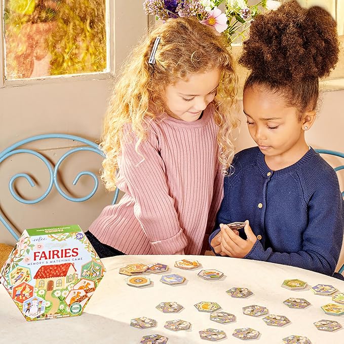 eeBoo: Memory & Matching Game - Cottage Fairies - 20 Hexagon-Shaped Matching Pairs, Nature Themed Concentration Tile Game, Kids Ages 3+, 1-4 Players