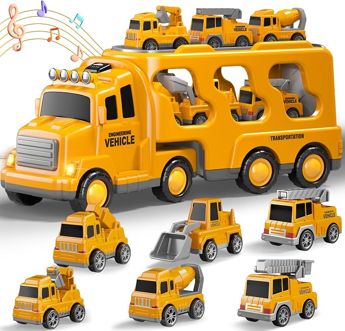 Beby Buty 7 in 1 Construction Trucks Cars for Toddlers 3-5, Boy Toddler Car Truck Toys with Light Sound, Birthday Gifts for 3 4 5 6 Year Old Boy